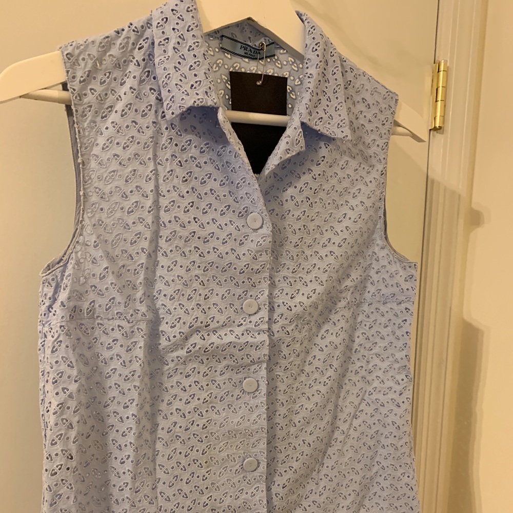 NWT PRADA Sleeveless button down Lacey Blue Shirt